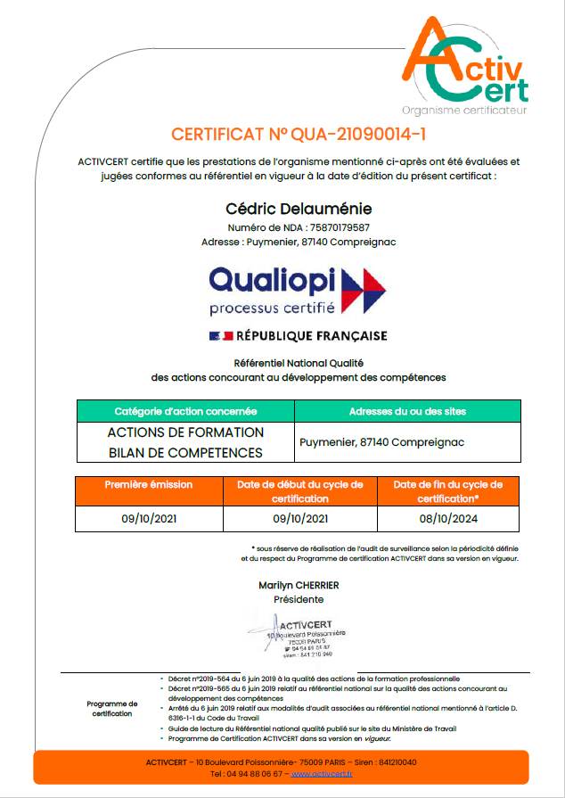 certificat qualiopi EIRL cedric delaumenie - actions de formation et bilan de compétences