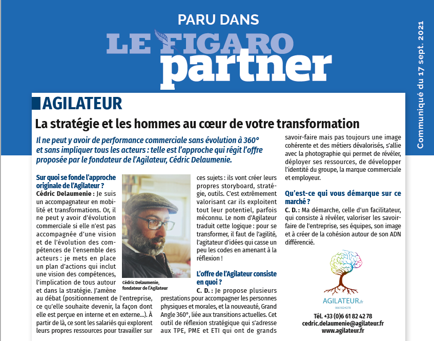 Article dans le figaro partner, interveiw de cedric delaumenie, présentation d'Agilateur