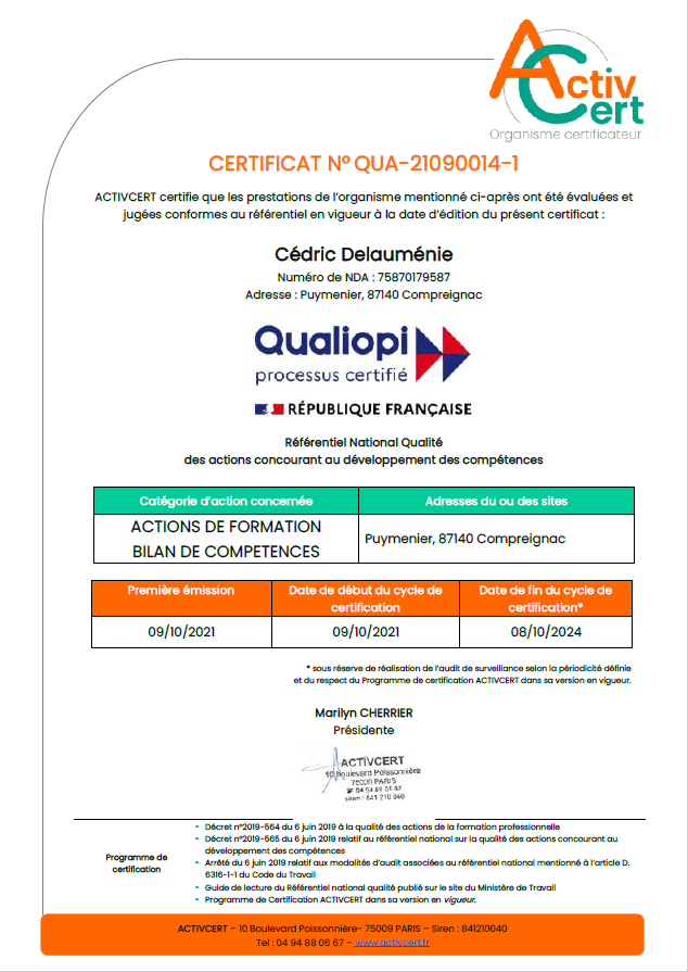 Notre certifiact qualiopi EIRL cédrid Delaumenie