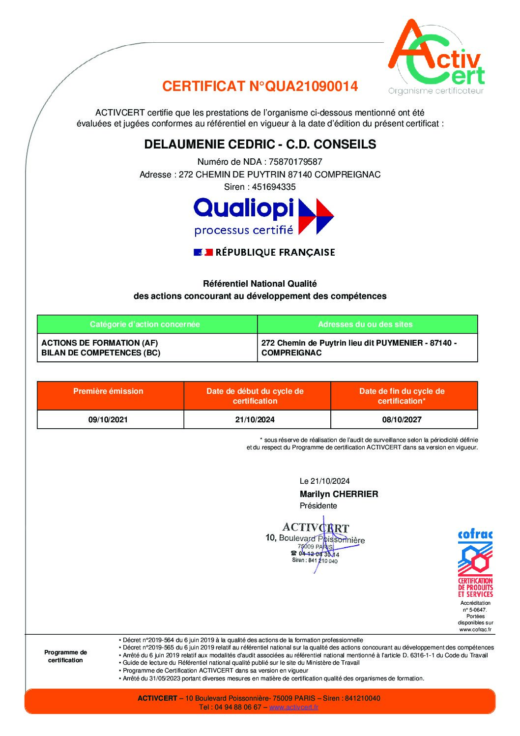 CERTIFICAT QUALIOPI AR N°QUA21090014 DELAUMENIE CEDRIC 211