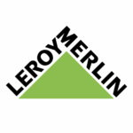 Logo Leroy Merlin avec triangle vert et texte noir.