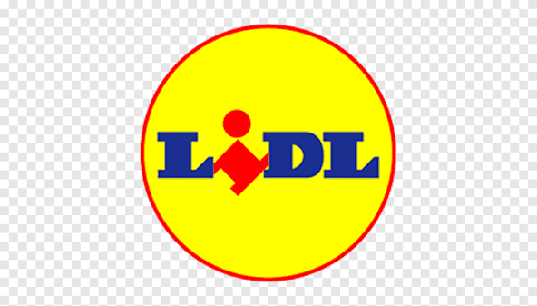 Logo circulaire Lidl avec texte bleu et point rouge.