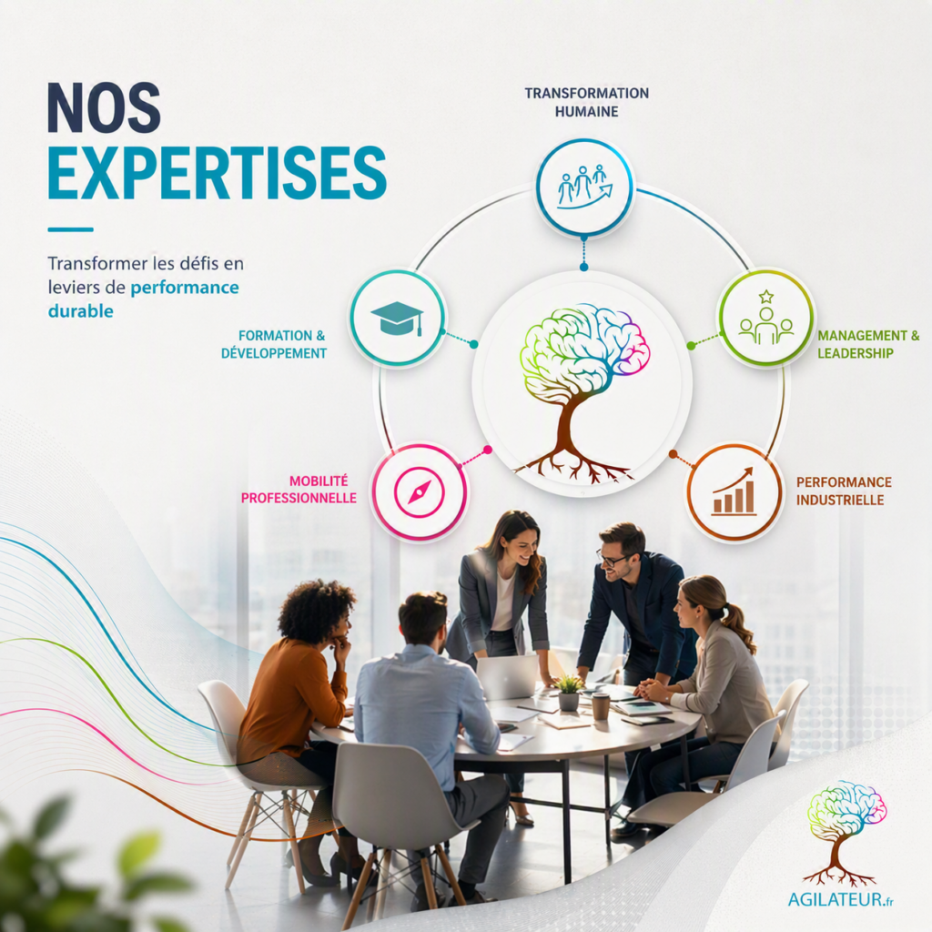 Infographie des expertises Agilateur pour une performance durable.